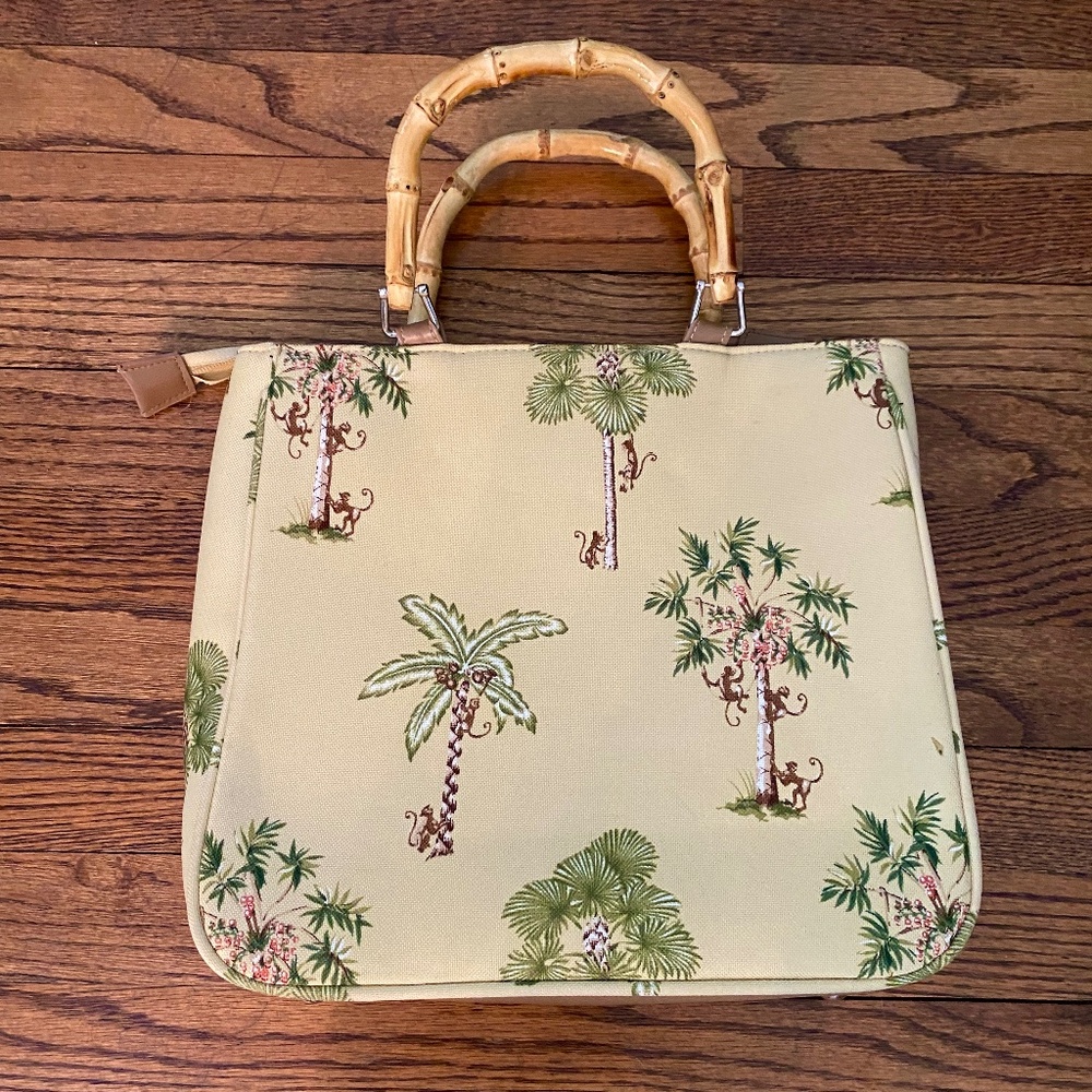 Vintage Festival Purse. Handbag, Tote Bag with Tropical Palms, Bamboo, Monkeys.
